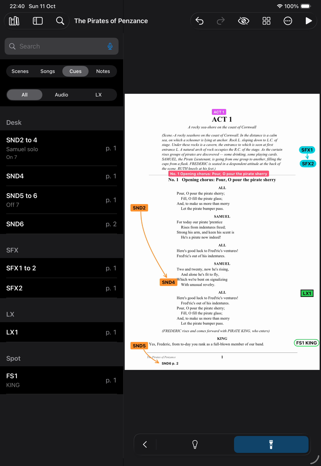 The Cues list in the side panel, grouped into Desk, SFX, LX and Spot. Each row has the cue number and its page, such as SND2 to 4, Samuel solo, page 1. Page 1 of the script sits beside it with the same cues on it.