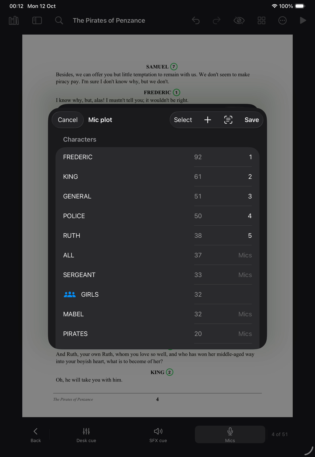 The Mic plot sheet open over a script page. It lists each character with a line count and a mic: Frederic 92 lines, mic 1. King 61, mic 2. General 51, mic 3. Police 50, mic 4. Ruth 38, mic 5. All, Sergeant, Mabel and Pirates have no mic yet. On the page behind, a ringed mic number sits after each speaker's name.