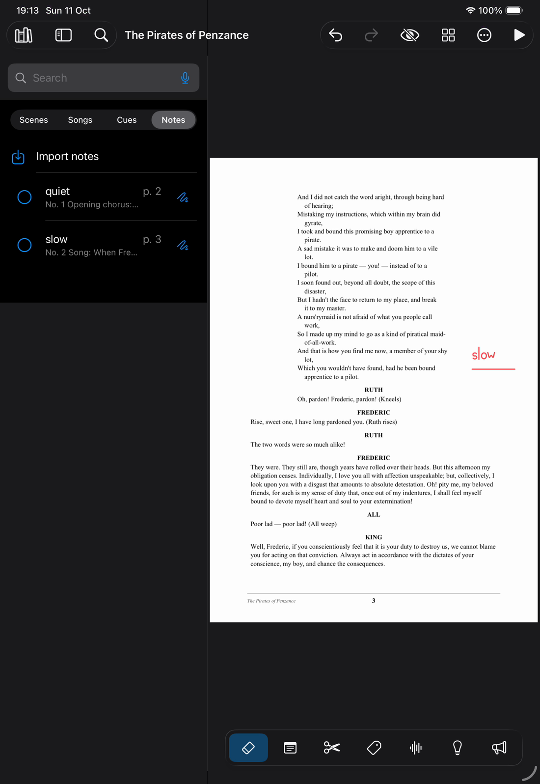 The Notes list in the side panel with two show notes: quiet on page 2 and slow on page 3, each with its song and a circle to tick. On page 3 beside it, the word slow is handwritten and underlined in red in the margin.