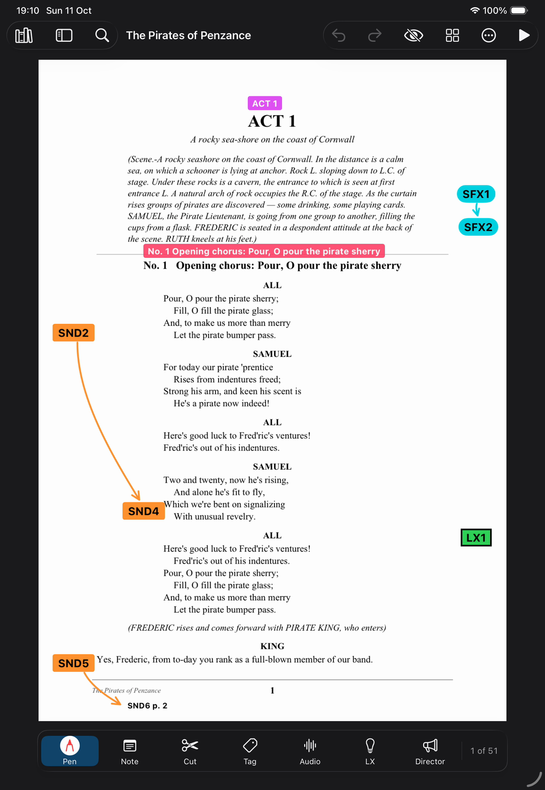 QPlot on an iPad, open at page 1 of The Pirates of Penzance. The page has an Act 1 tag and a song tag. Desk cues SND2, SND4 and SND5 sit in the left margin, with a follow-on arrow from SND2 to SND4. SFX1, SFX2 and LX1 sit in the right margin. The tool bar along the bottom has Pen, Note, Cut, Tag, Audio, LX and Director.