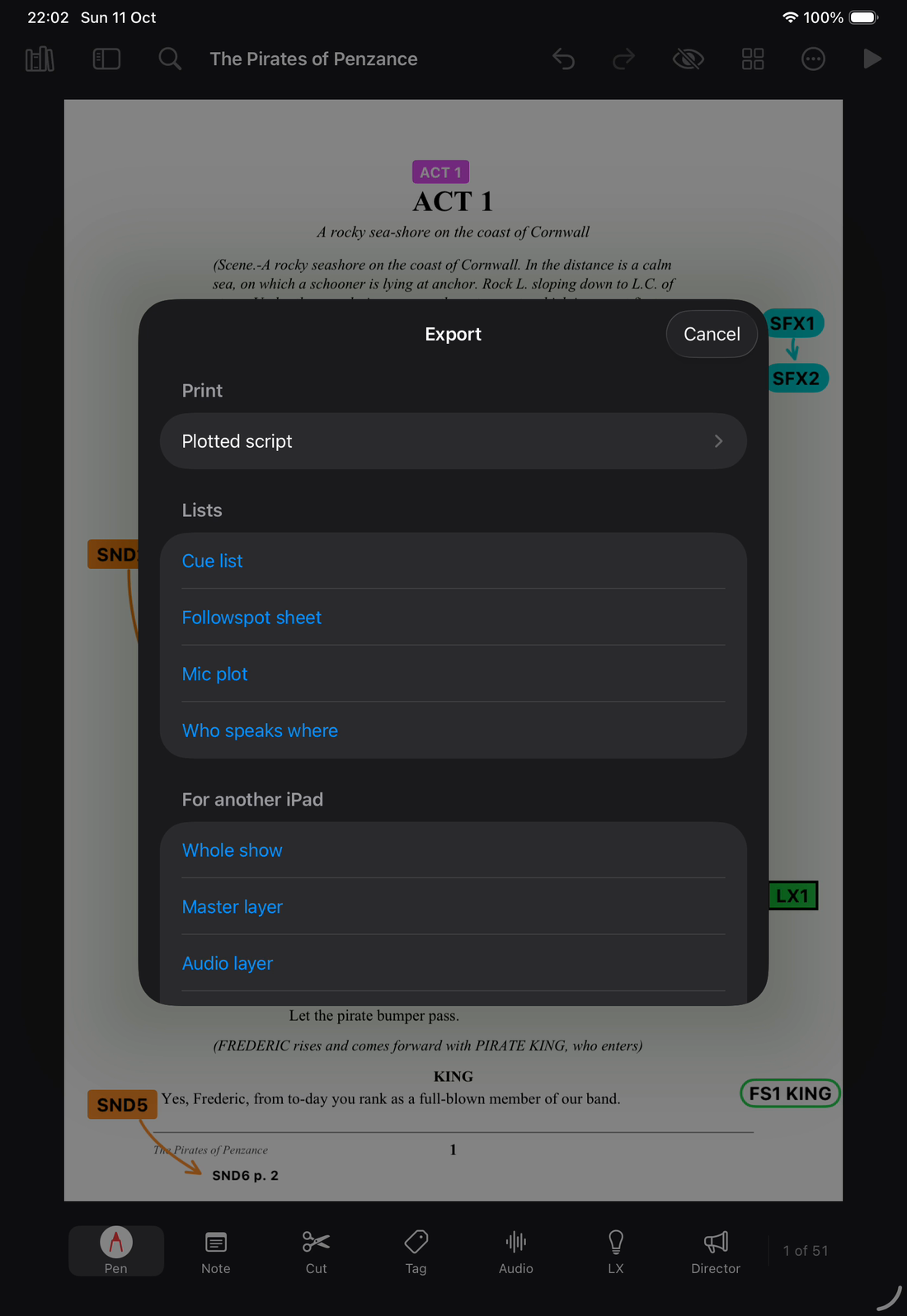The Export sheet open over the script. Under Print: Plotted script. Under Lists: Cue list, Followspot sheet, Mic plot and Who speaks where. Under For another iPad: Whole show, Master layer and Audio layer.