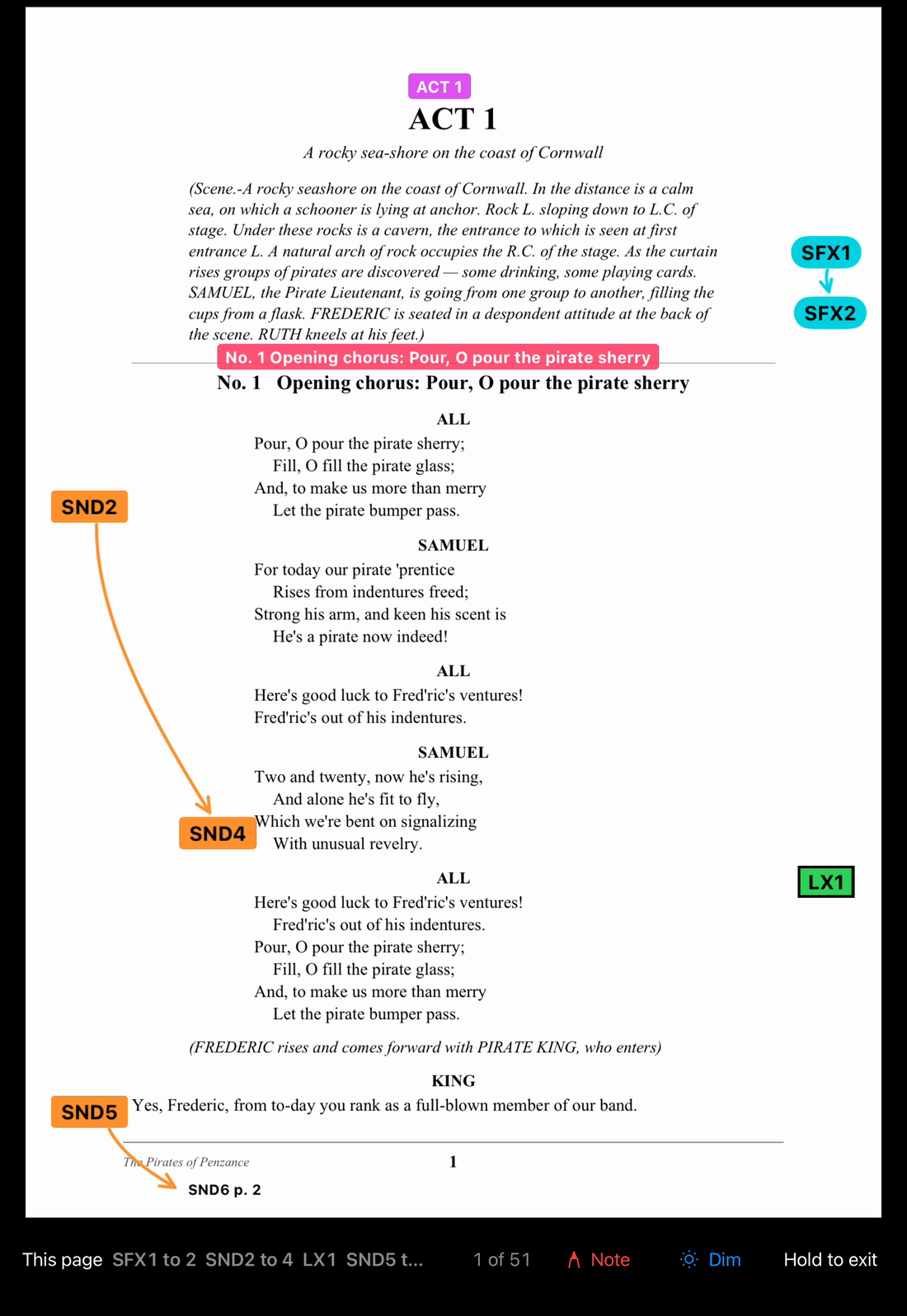 Show mode. Page 1 of the script fills the screen with its cues, and no tool bar. A strip along the bottom reads This page, SFX1 to 2, SND2 to 4, LX1, then 1 of 51, Note, Dim and Hold to exit.